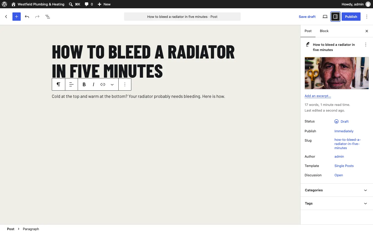 A new post with its title and first paragraph, and on the right the Post settings panel with one of the sample photos as the featured image, Add an excerpt, Status Draft, Publish Immediately, and the Categories and Tags sections