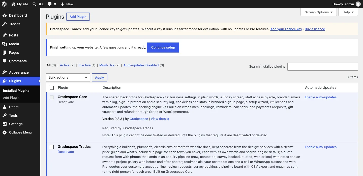 The Installed Plugins list showing Gradespace Trades, "Requires: Gradespace Core", and Gradespace Core, "Required by: Gradespace Trades", both active