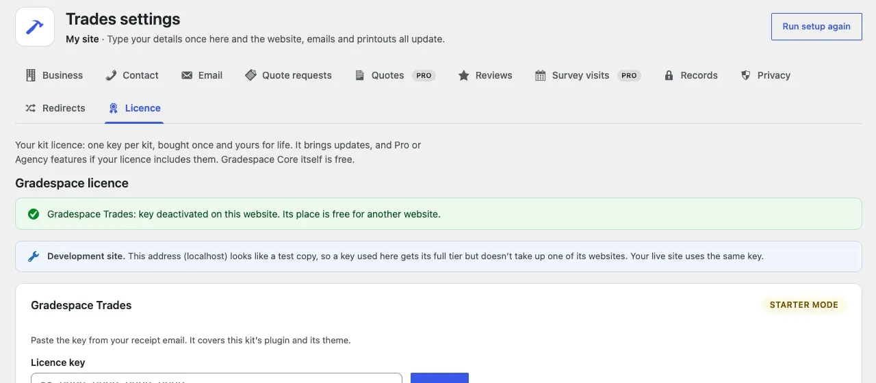 The green message "Gradespace Trades: key deactivated on this website. Its place is free for another website." above the licence card, now back in Starter mode