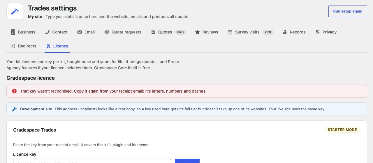 The Licence tab with a red message: "That key wasn't recognised. Copy it again from your receipt email: it's letters, numbers and dashes."