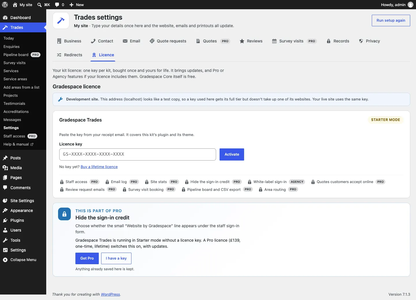 The Licence tab with the Gradespace Trades card in Starter mode: an empty Licence key box showing GS-XXXX-XXXX-XXXX-XXXX, an Activate button, the link "No key yet? Buy a lifetime licence", and a row of locked features marked Pro or Agency