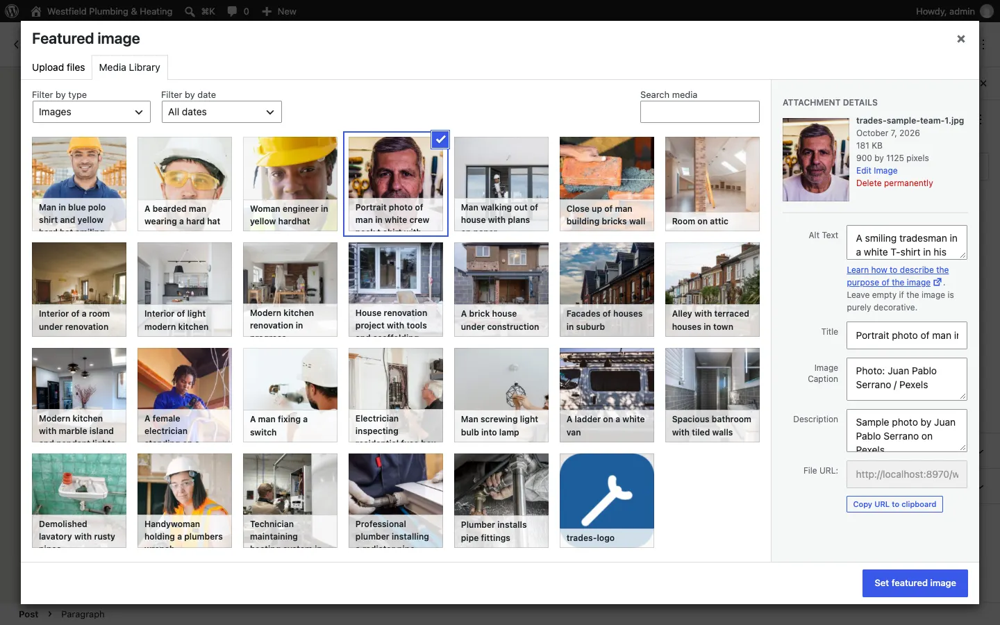 The Featured image box with the Media Library tab open, one of the sample photos selected, and the Attachment details panel on the right with its Alt Text, Title, Caption and Description boxes, and a Set featured image button
