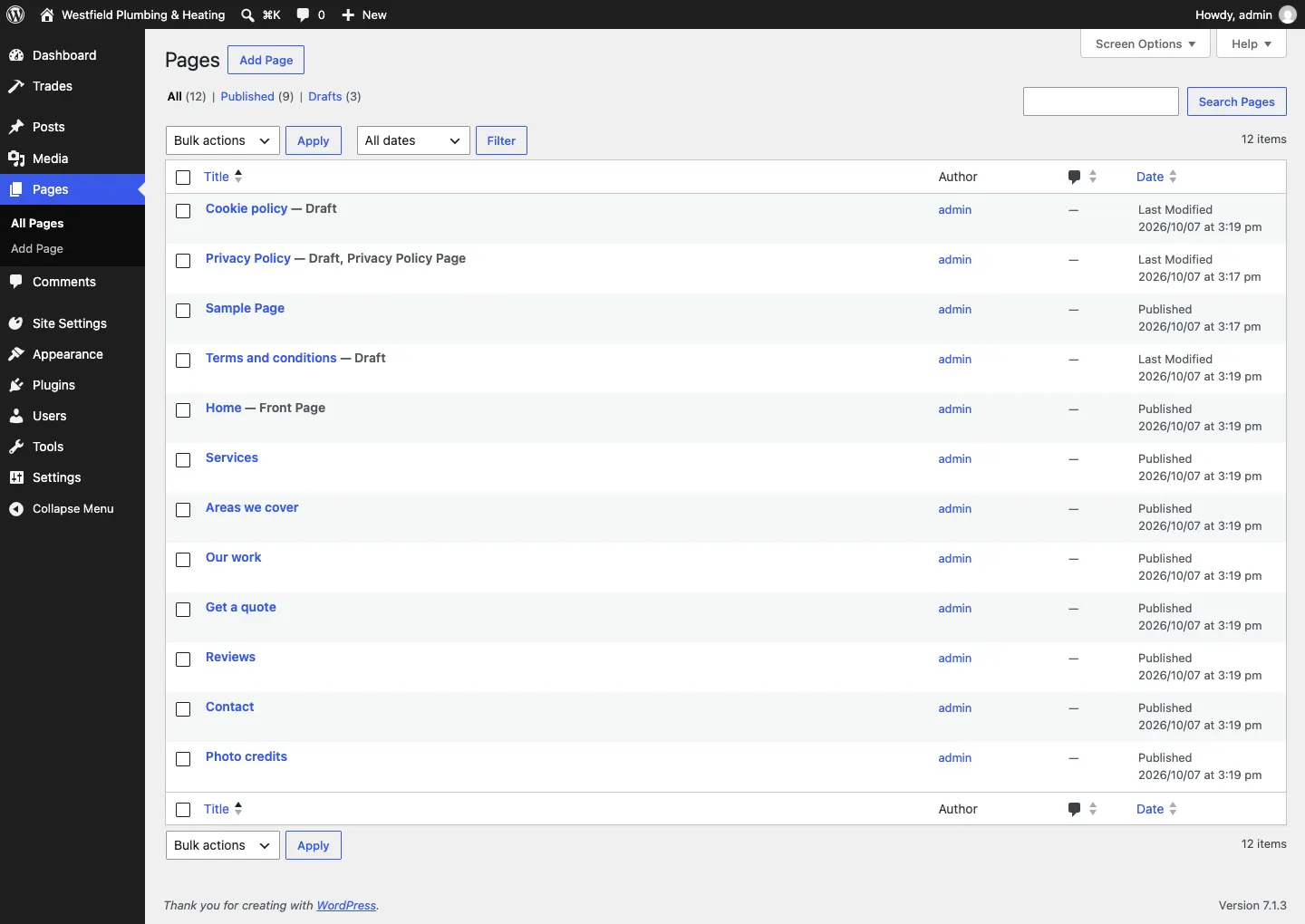 The Pages list after the setup wizard, with Home marked Front Page, the published starter pages, and the legal pages Cookie policy, Privacy Policy and Terms and conditions marked Draft