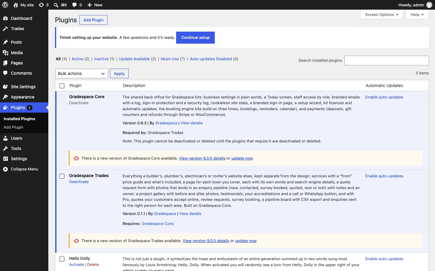 The Plugins screen with yellow lines under Gradespace Trades and Gradespace Core: "There is a new version of Gradespace Trades available. View version details or update now."