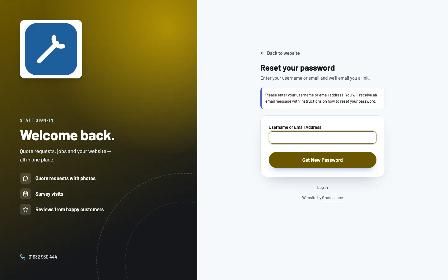 The Reset your password page: "Enter your username or email and we'll email you a link.", a Username or Email Address box, a Get New Password button and a Log in link