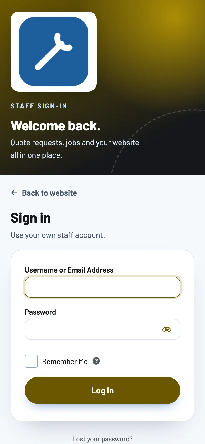 The staff sign-in page on a phone, with the logo and a short banner at the top and the sign-in form below
