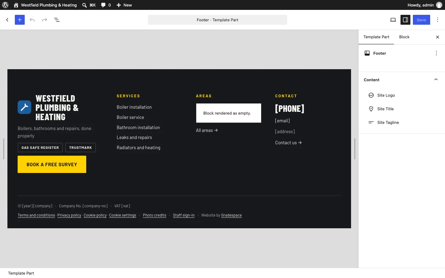 The Footer template part open in the editor, showing the logo, tagline, columns of links, the Visit us and Contact columns and the bottom line, with a Save button at the top right