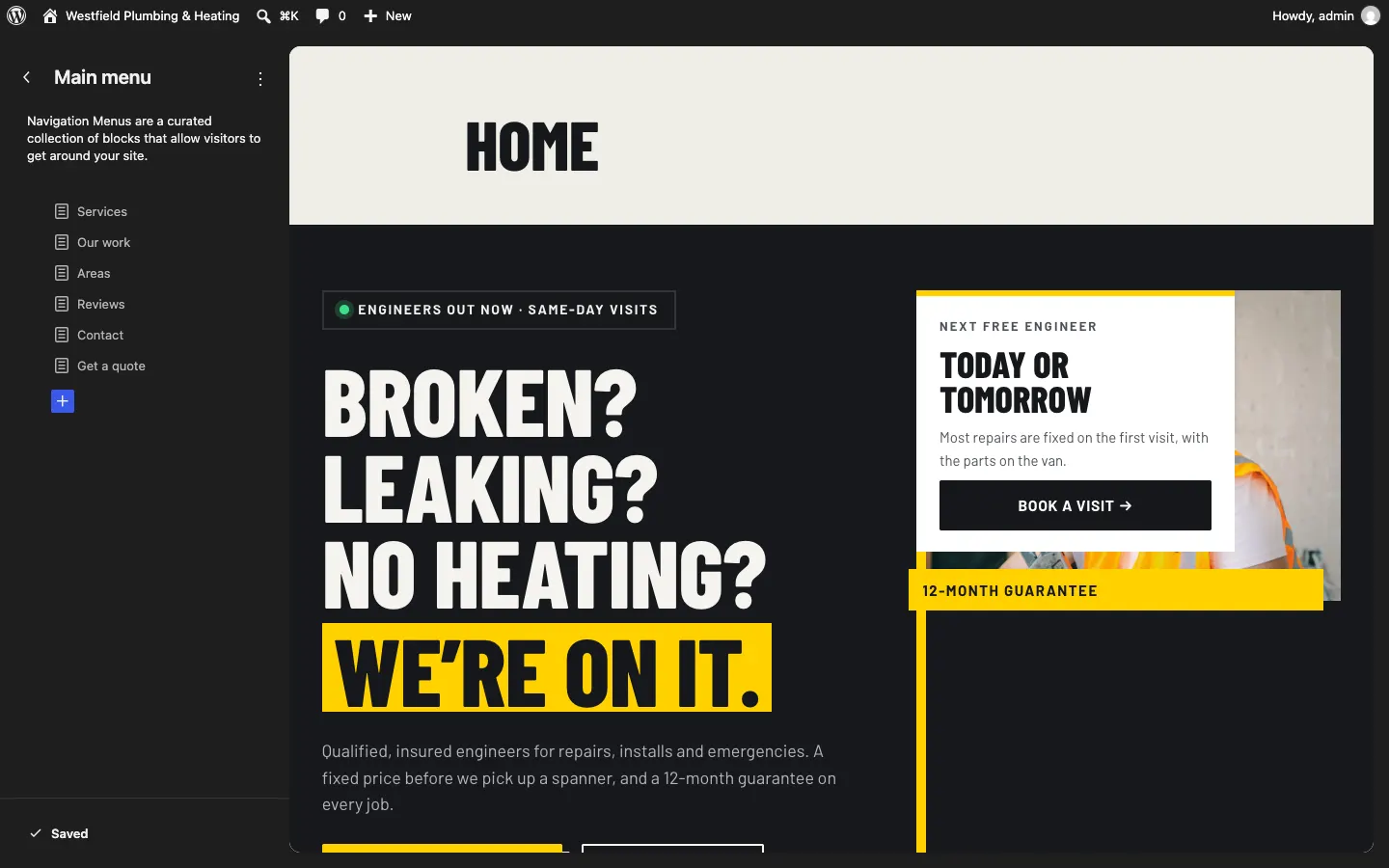 Navigation in the Site Editor: with only one menu, it opens the Main menu straight away, listing Services, Our work, Areas, Reviews, Contact and Get a quote, with the home page on the right