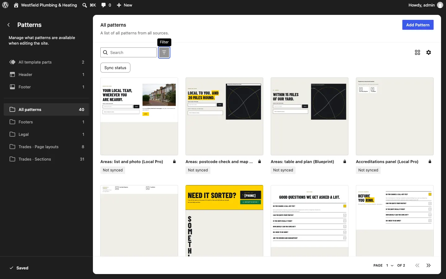The Site Editor Patterns panel, with All template parts, Header and Footer at the top, then your kit's pattern categories