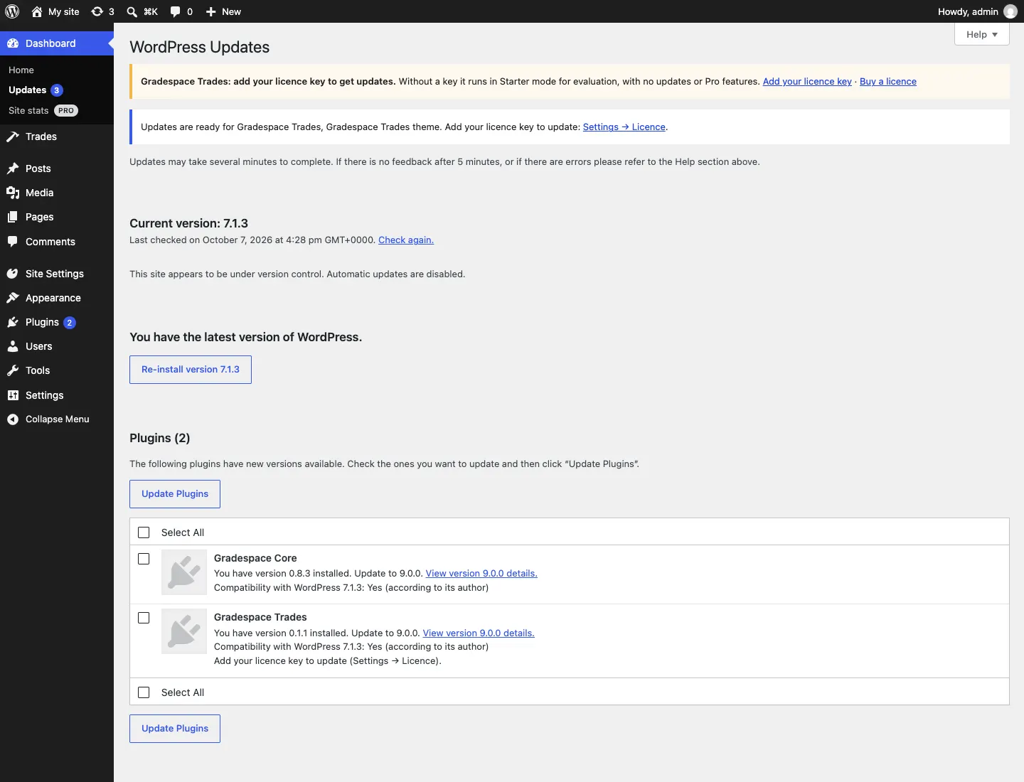 The Updates screen without a licence key, with the yellow notice "Gradespace Trades: add your licence key to get updates.", the notice "Updates are ready for Gradespace Trades, Gradespace Trades theme. Add your licence key to update: Settings → Licence." and "Add your licence key to update (Settings → Licence)." under Gradespace Trades
