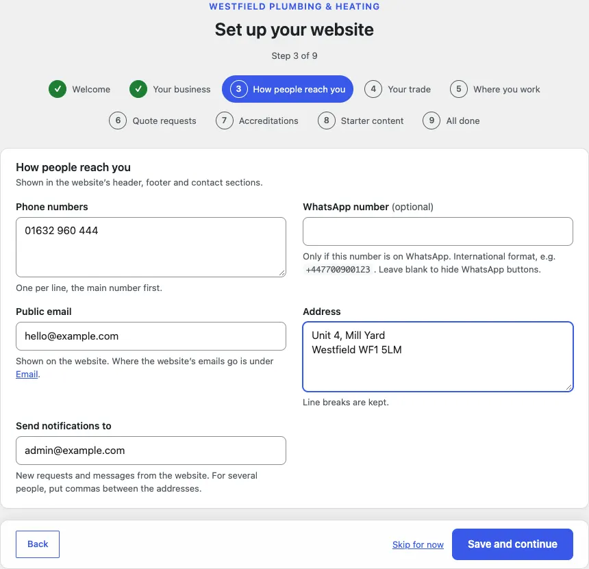 Step 3 of 9, How people reach you, with a phone number, hello@example.com, the address Unit 4, Mill Yard, Westfield, and the Send notifications to box