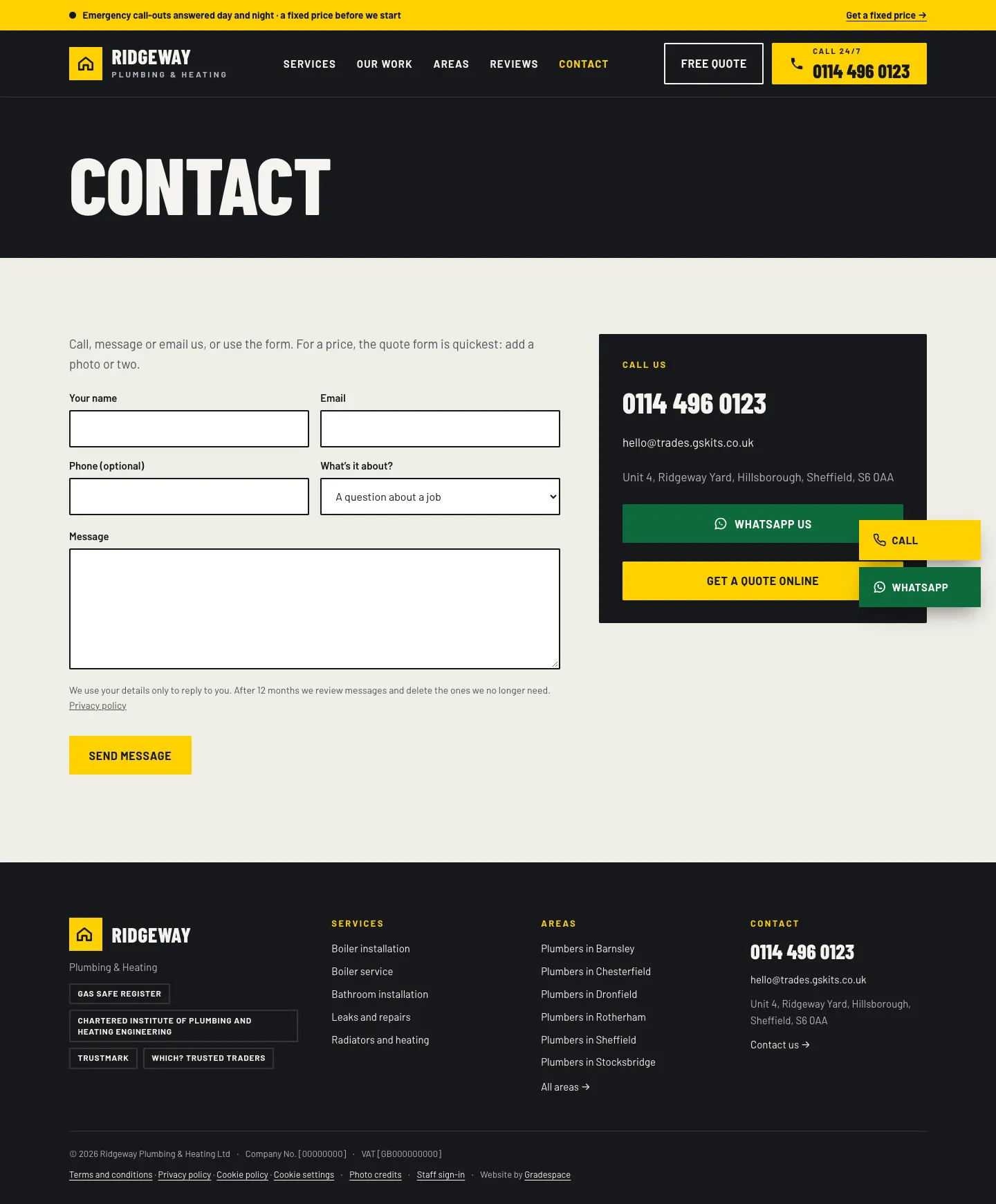 The Contact page with the phone number, email address, address and the contact form