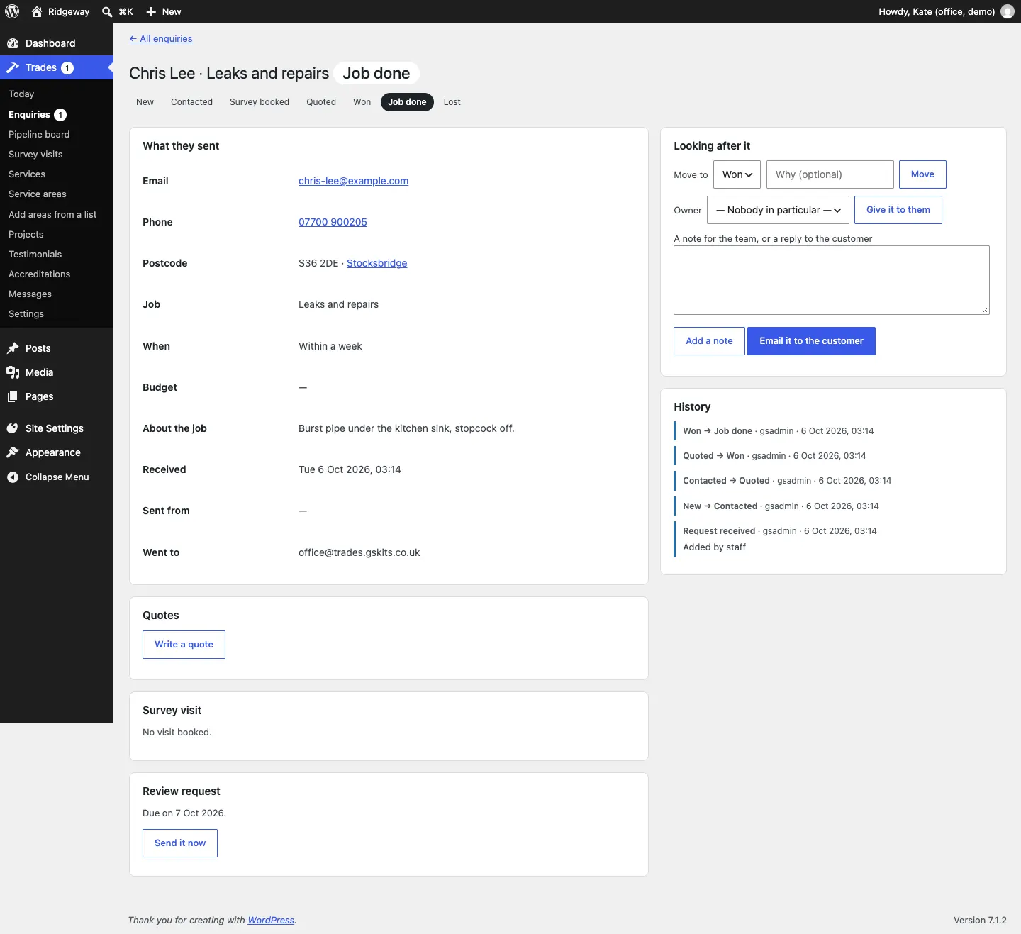 A finished request from Chris Lee with Job done highlighted in the stage bar, History showing every move from Request received to Job done, and a Review request box saying Due on 7 Oct 2026 with a Send it now button