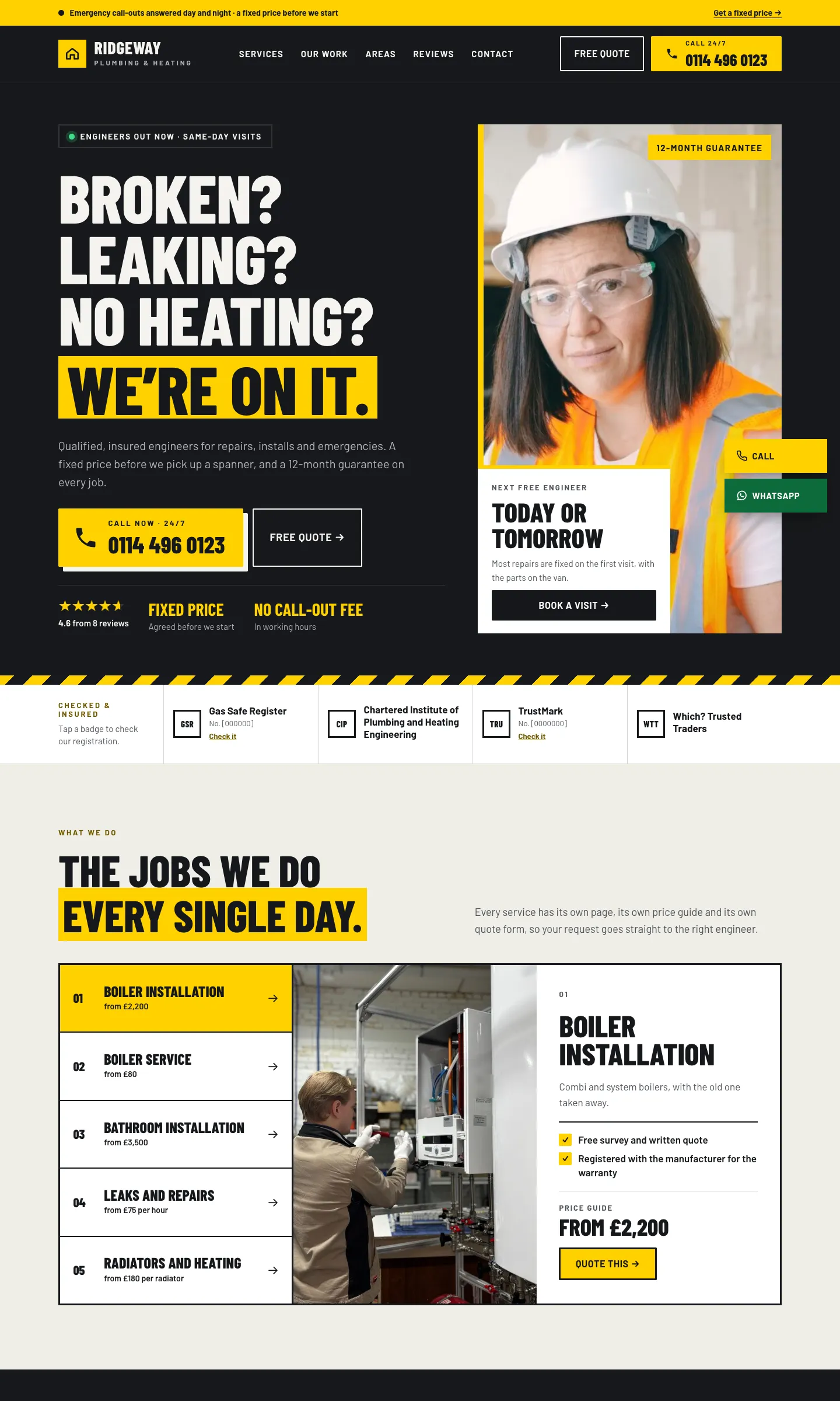 The Ridgeway demo home page in the Workshop design: a dark hero saying "Broken? Leaking? No heating? We're on it.", a large yellow phone button, a Free quote button and a row of accreditation badges