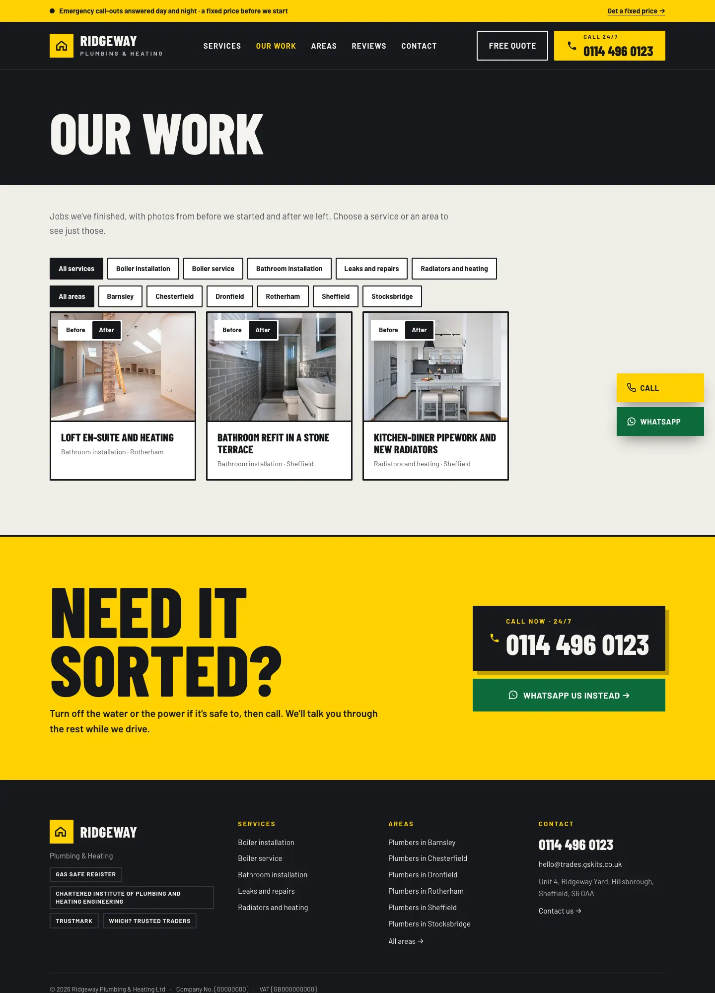 The Our work page with buttons for All services and each service, and project cards with a photo, title, service and area