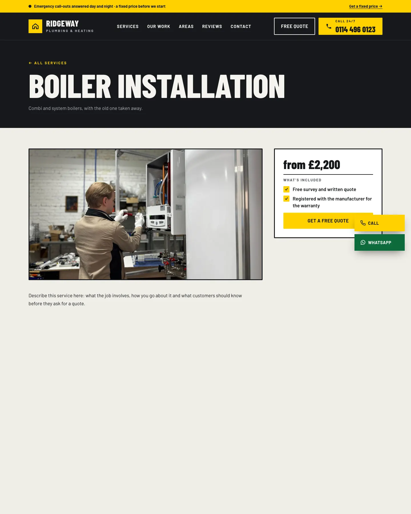 The Boiler installation page on the website: the description, the price box with what's included and the Get a free quote button