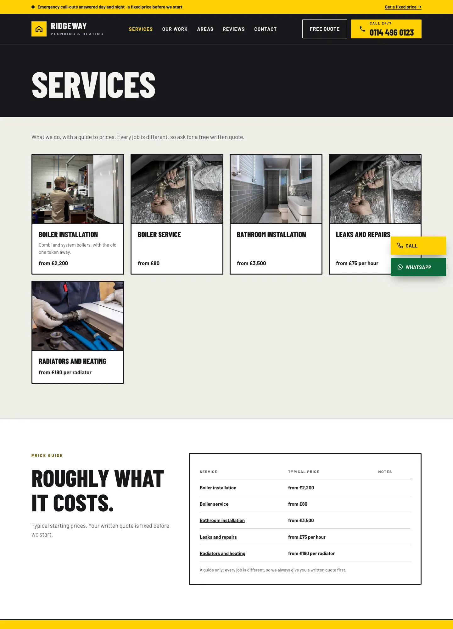 The Services page on the website, with a card for each service showing its photo, description and from price