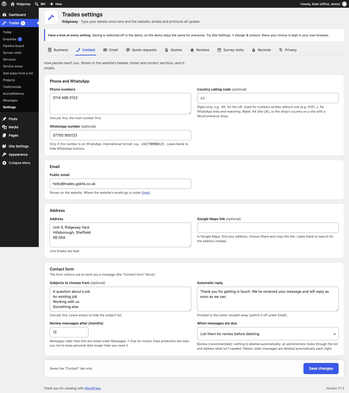 The Contact settings tab: Phone numbers, Country calling code, WhatsApp number, Public email, Address, Google Maps link, then the Contact form section with subjects, the automatic reply, Review messages after (months) and When messages are due