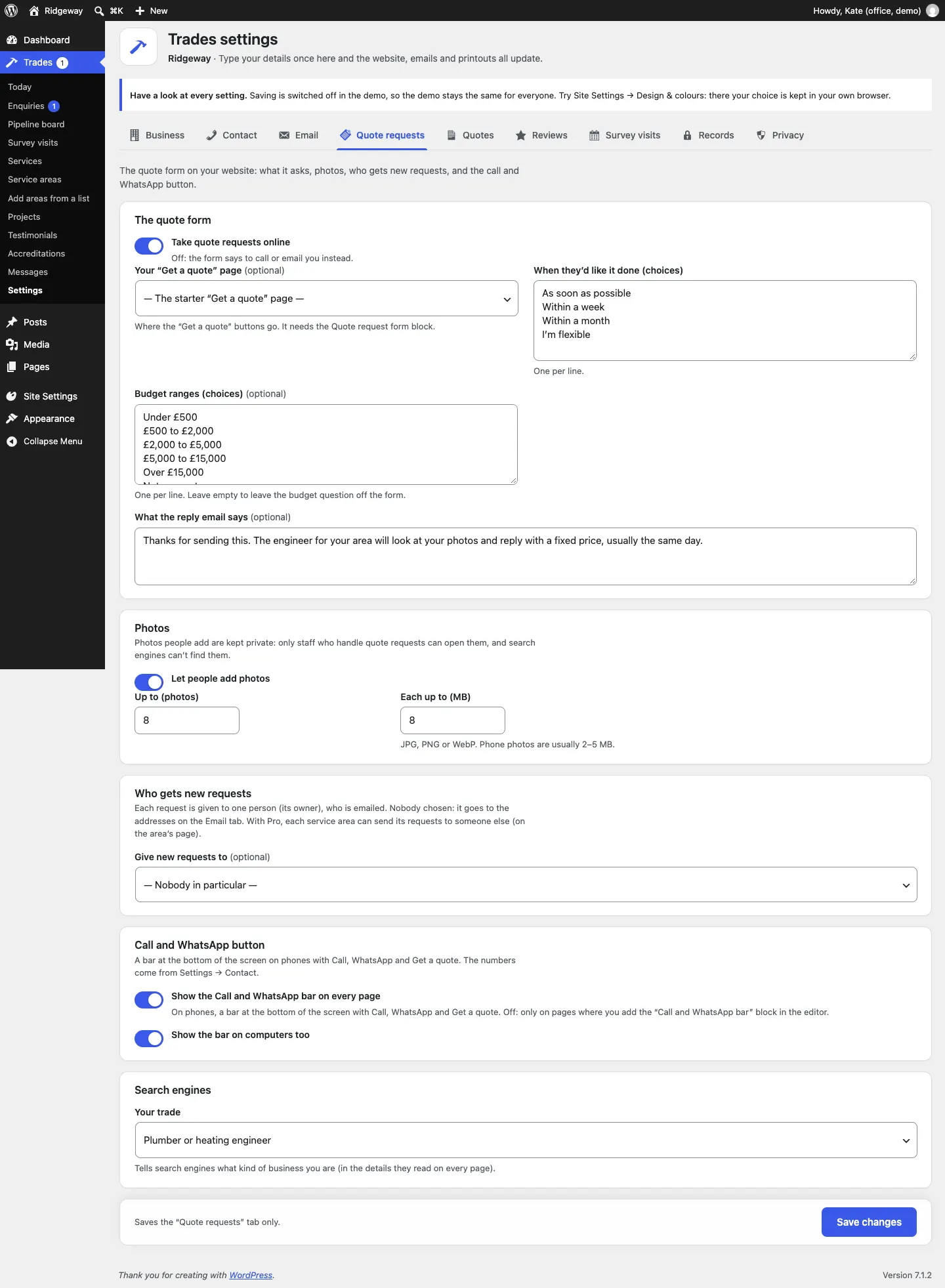 The Quote requests settings tab: the Take quote requests online switch, the Get a quote page, the choices for when and budget, the reply email, the photo settings, Who gets new requests, the Call and WhatsApp button and Your trade