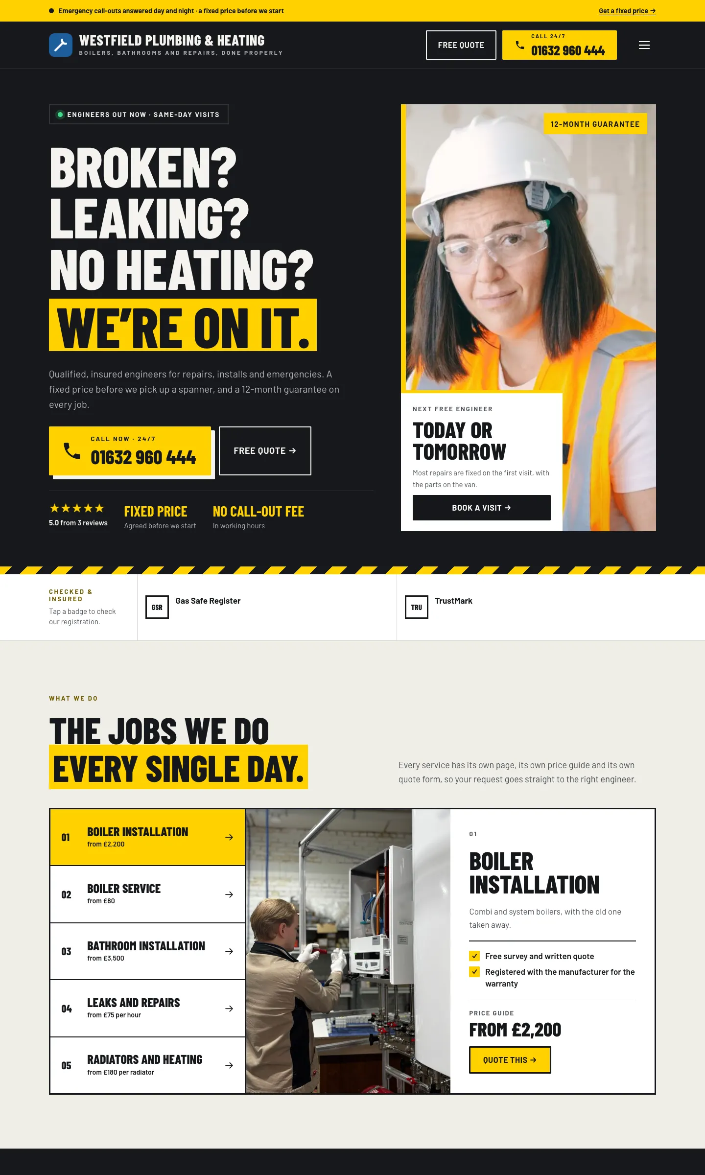 The new Westfield Plumbing & Heating home page: the headline "Broken? Leaking? No heating? We're on it.", a large Call now button with the phone number and a Free quote button, a star rating, the Gas Safe Register and TrustMark badges, then the five services with their "from" prices
