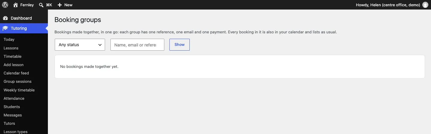 The Booking groups screen with its status filter and search, and the note "No bookings made together yet."