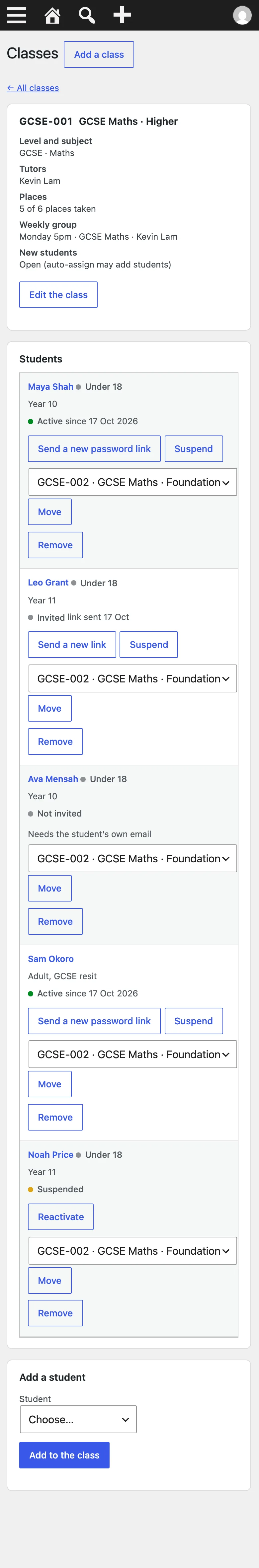 The class GCSE-001 on a phone, each student shown as a card with their year, student account and buttons