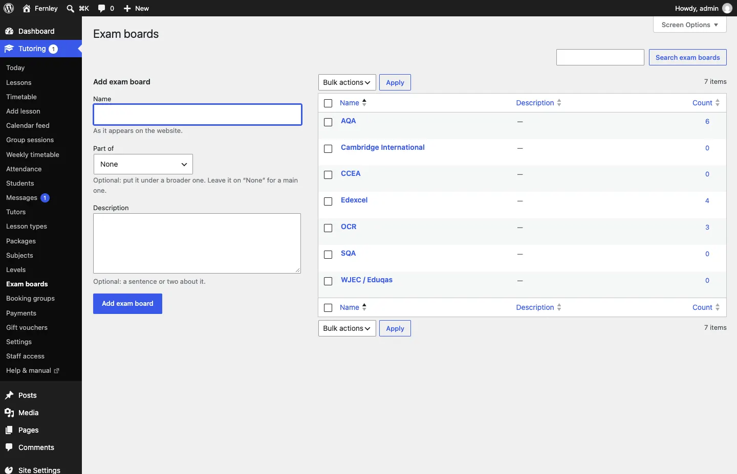 The Exam boards screen with AQA, Edexcel, OCR and the other boards