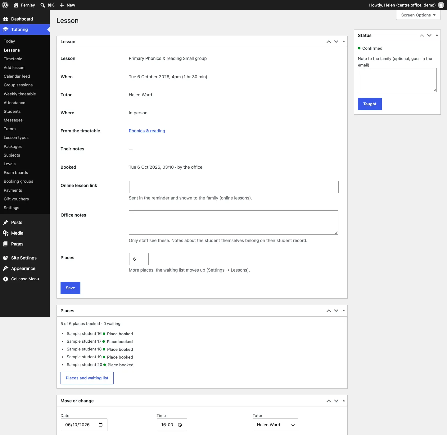 The group session opened as a lesson: status Confirmed with a Taught button, the details, the online lesson link and office notes, the Places box with 5 of 6 booked, and the Move or change box