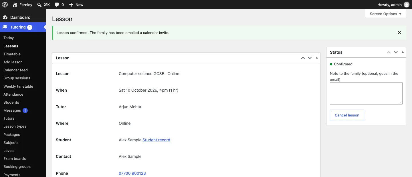 The lesson after confirming, with the message "Lesson confirmed. The family has been emailed a calendar invite." and the status now Confirmed with a Cancel lesson button