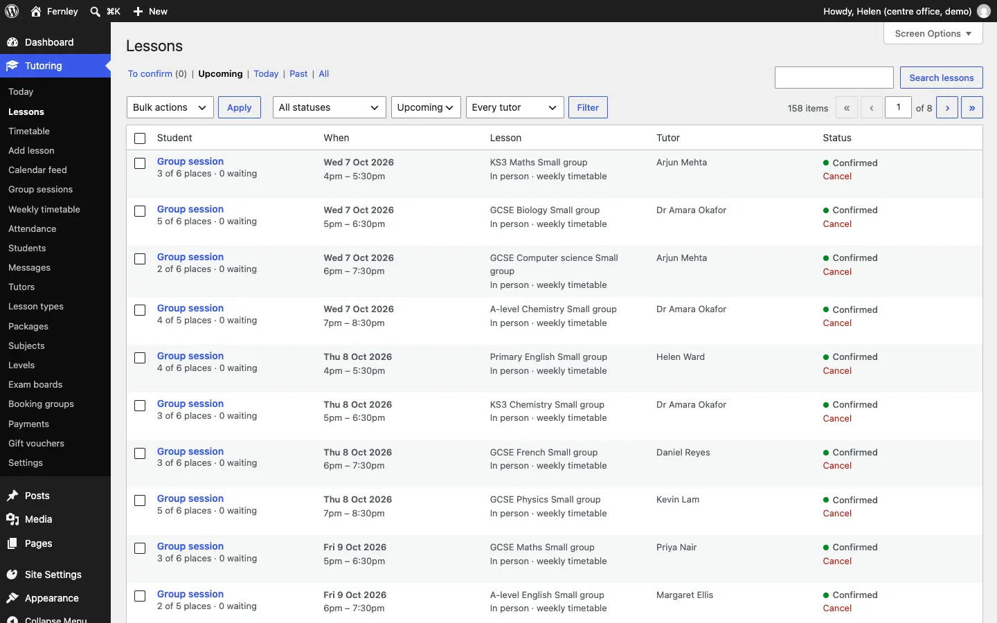 The Lessons list showing upcoming group sessions, each with places booked and waiting, the date and time, the lesson, the tutor and the status Confirmed with a Cancel link