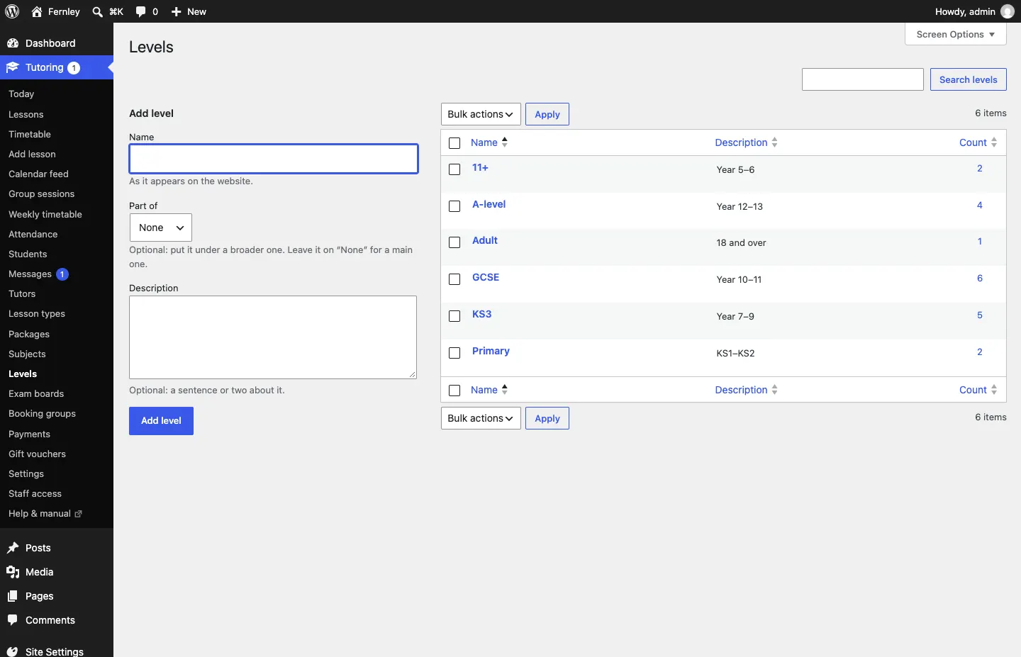 The Levels screen with 11+, A-level, Adult, GCSE, KS3 and Primary, each with the school years it covers