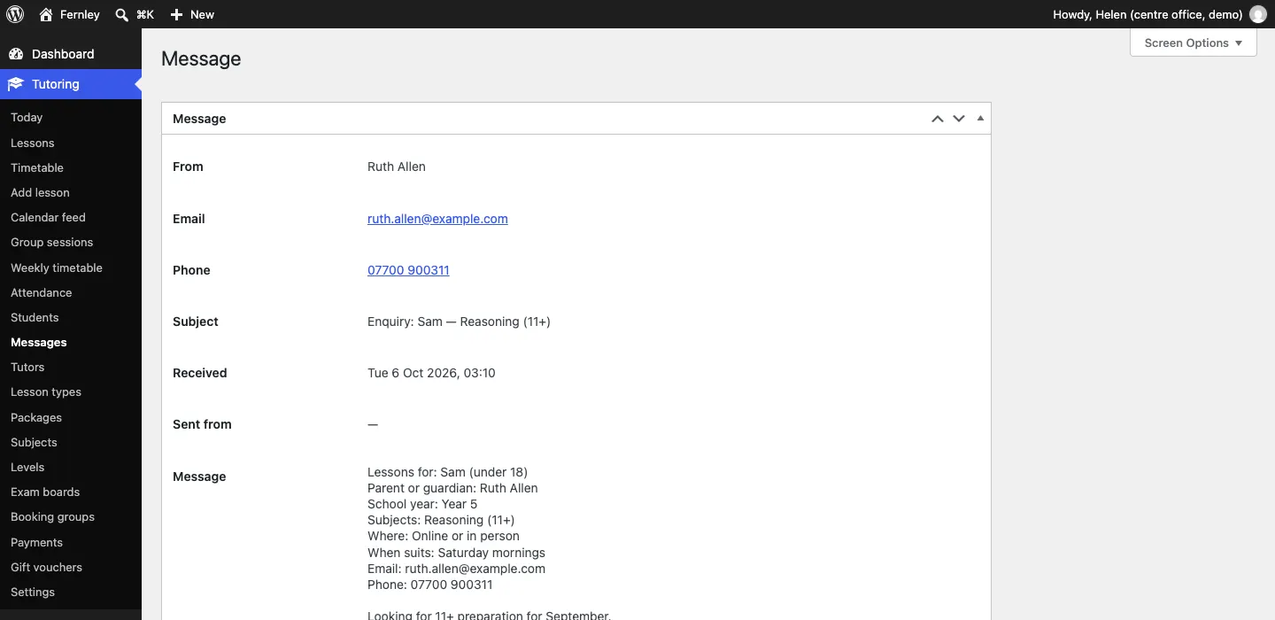 An enquiry opened: from Ruth Allen, with her email and phone, the subject, when it arrived, and the message listing lessons for Sam (under 18), school year Year 5, Reasoning (11+), online or in person, Saturday mornings, with the Reply by email and Back to messages buttons