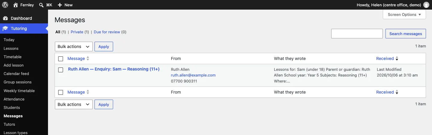 The Messages list with one enquiry from Ruth Allen, "Enquiry: Sam — Reasoning (11+)", marked New, with her email and phone and the start of what she wrote