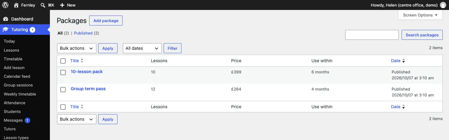 The Packages list with the Lessons, Price and Use within columns: 10-lesson pack (10 lessons, £399, 6 months) and Group term pass (12 lessons, £264, 4 months)