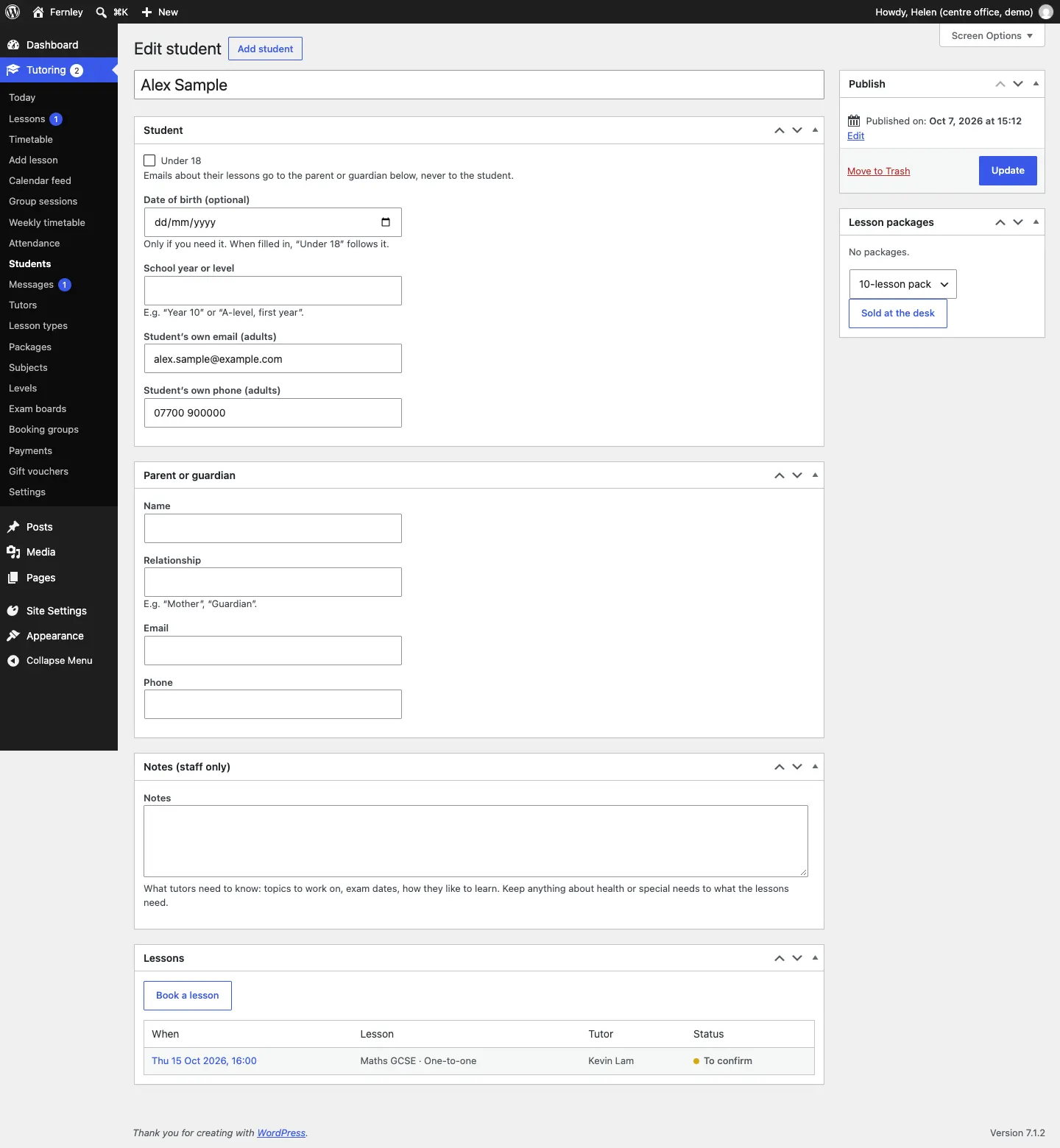 The Lesson packages box on a student record with "No packages.", a package menu showing 10-lesson pack and the Sold at the desk button