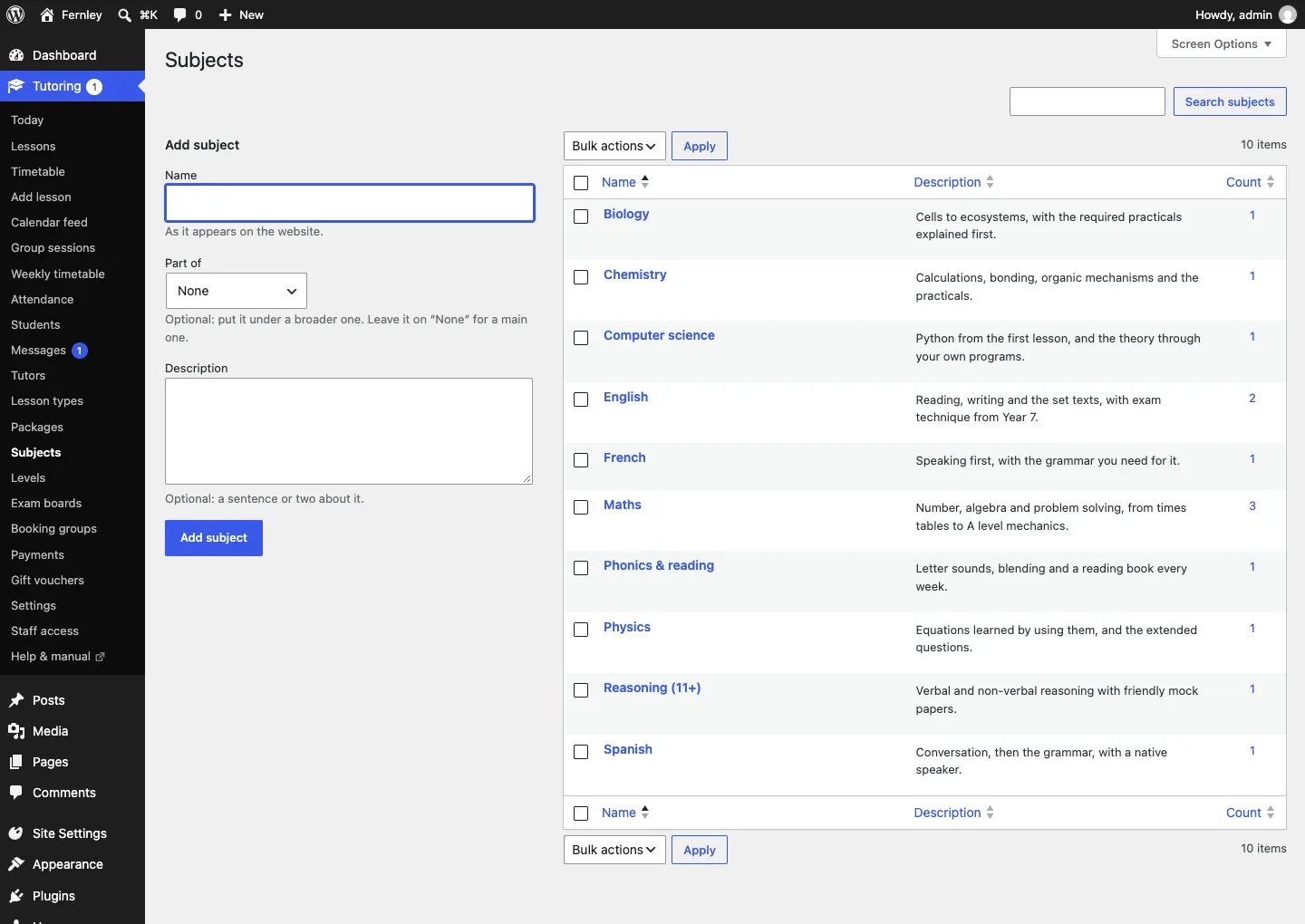 The Subjects screen: the Add subject form on the left with Name, Part of and Description, and the list of ten subjects on the right, from Biology to Spanish, each with a one-line description and the number of tutors