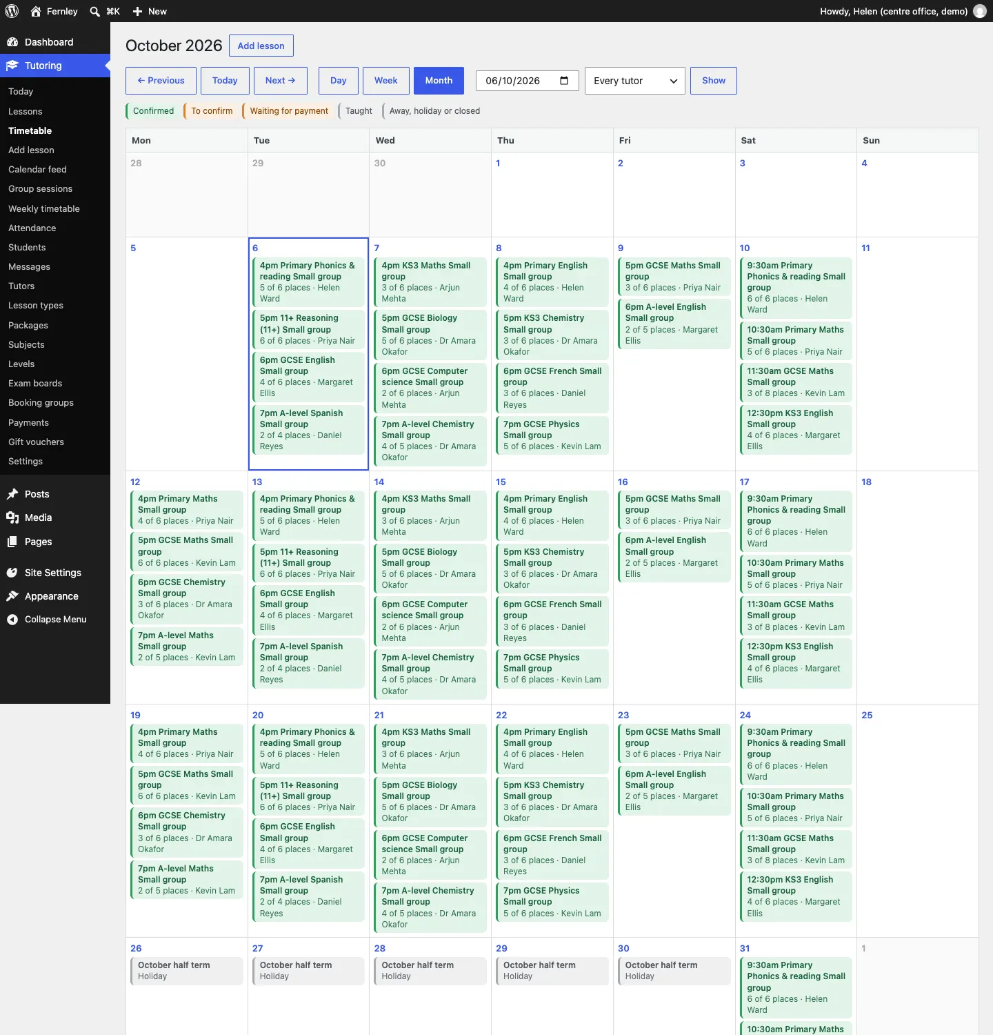The Timetable month view for October 2026