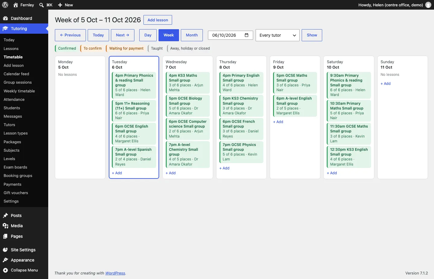 The Timetable week view from 5 to 11 October, each day listing its lessons with time, name, places and tutor, and a + Add link