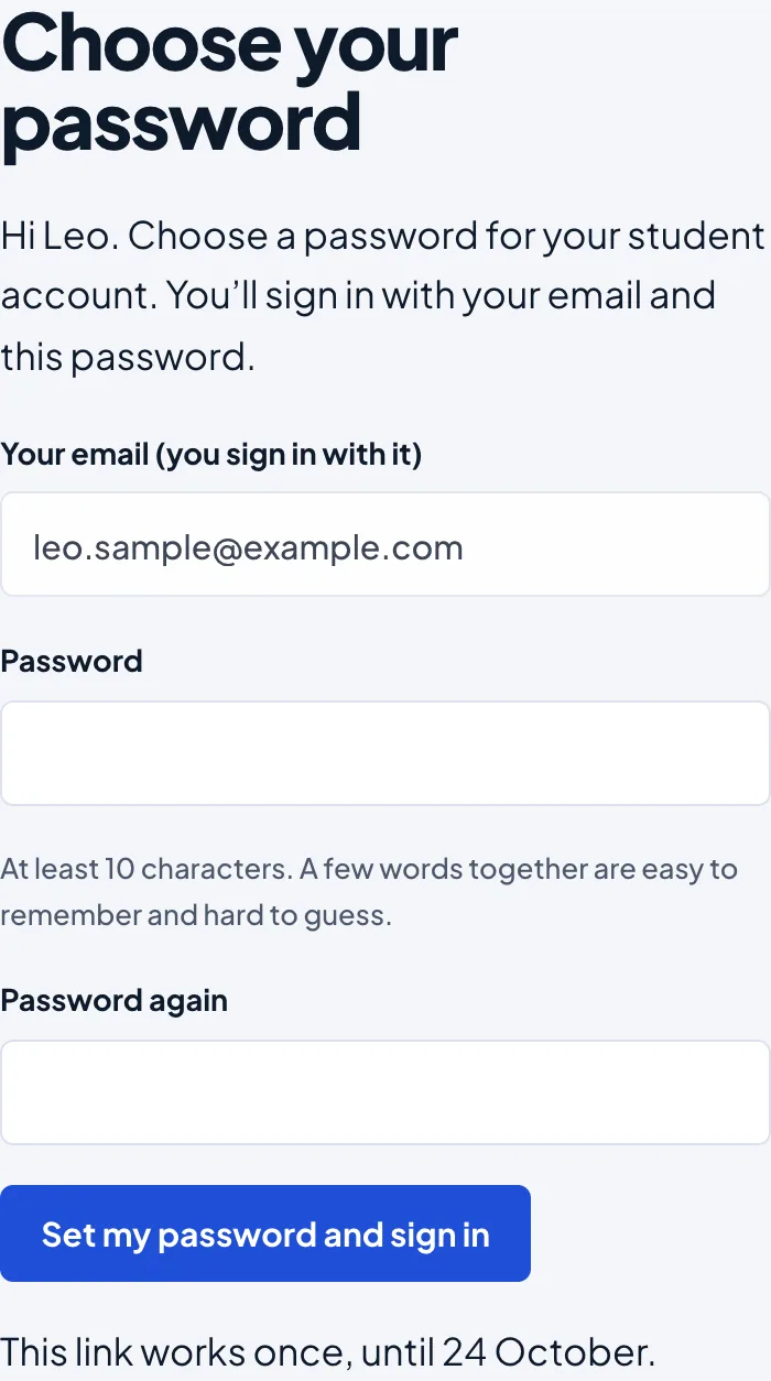 The Choose your password page on a phone: Hi Leo, the email Leo signs in with, Password and Password again, and the Set my password and sign in button