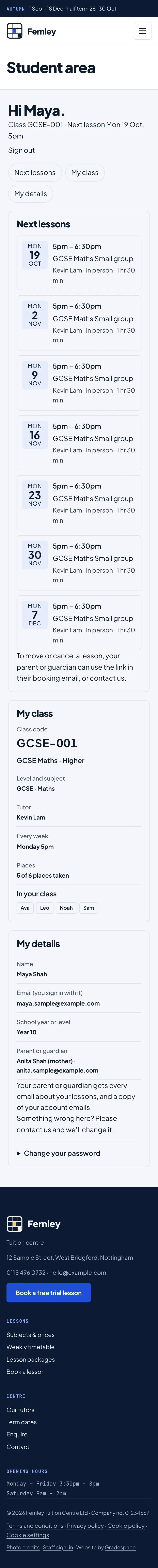Maya's student area on a phone: the greeting, the section buttons, her next lessons, her class and her details one under another
