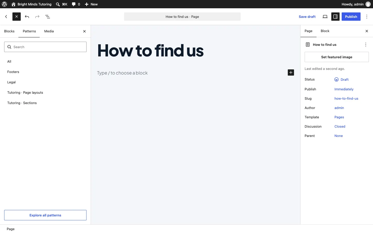 The Patterns tab listing All, Starter content, the Tutor kit's own categories ending in Page layouts and Sections, Footers and Legal, with an Explore all patterns button