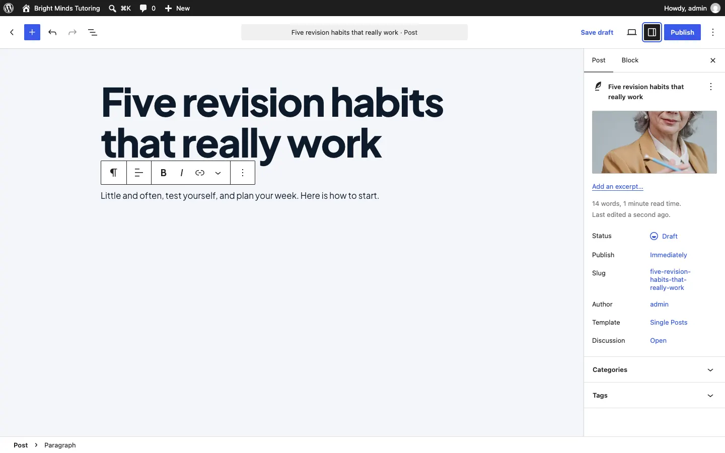 A new post with its title and first paragraph, and on the right the Post settings panel with one of the sample photos as the featured image, Add an excerpt, Status Draft, Publish Immediately, and the Categories and Tags sections