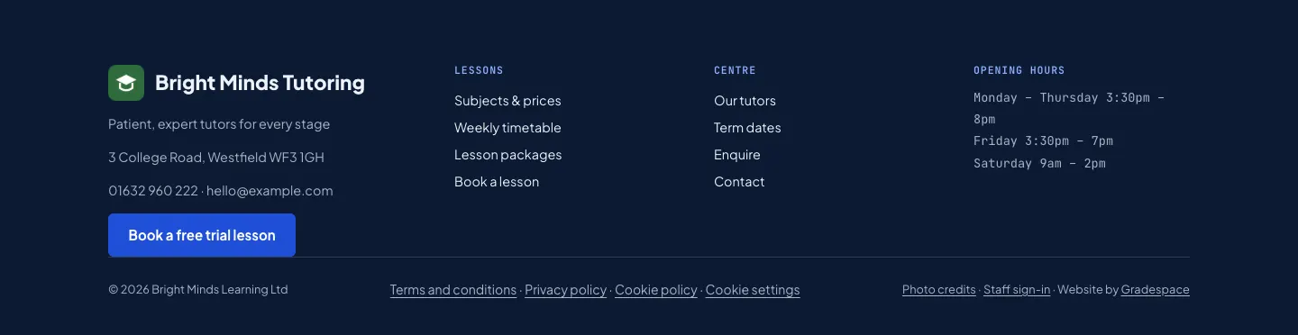 The footer of the sample Tutor website: the tagline and contact details, columns of links, and a bottom line with the © year and name and links to the legal pages and Cookie settings