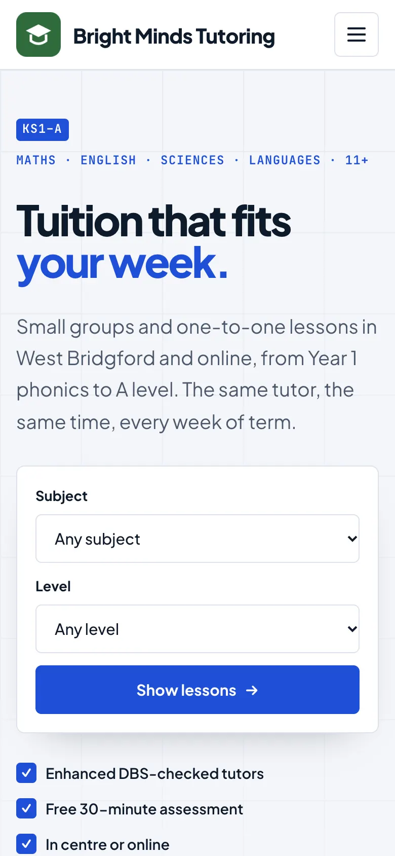 The sample Tutor home page on a phone, with the logo at the top left, a menu button at the top right, and the large heading below