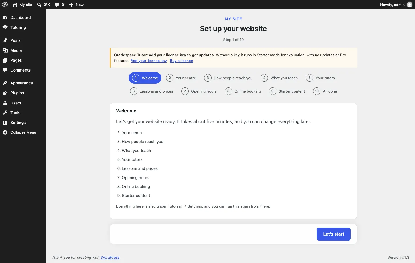 The setup wizard after the Gradespace Tutor plugin is activated, now with the kit's own steps in the bar, and the yellow notice "Gradespace Tutor: add your licence key to get updates" with links Add your licence key and Buy a licence