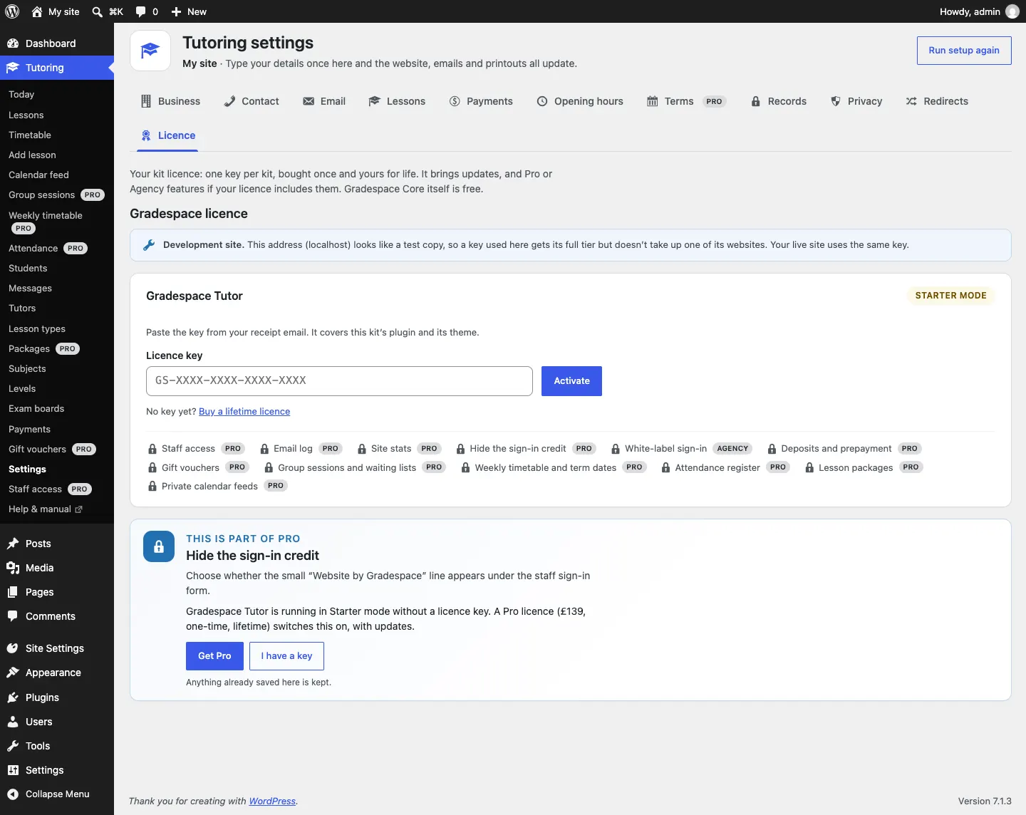 The Licence tab with the Gradespace Tutor card in Starter mode: an empty Licence key box showing GS-XXXX-XXXX-XXXX-XXXX, an Activate button, the link "No key yet? Buy a lifetime licence", and a row of locked features marked Pro or Agency