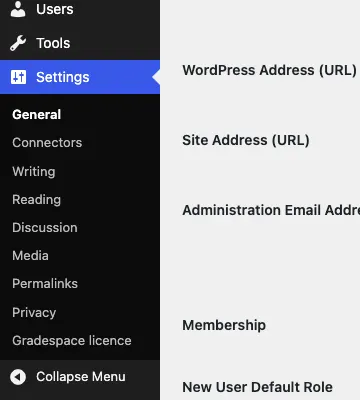 The WordPress Settings menu open, with Gradespace licence at the bottom of the list, under Privacy