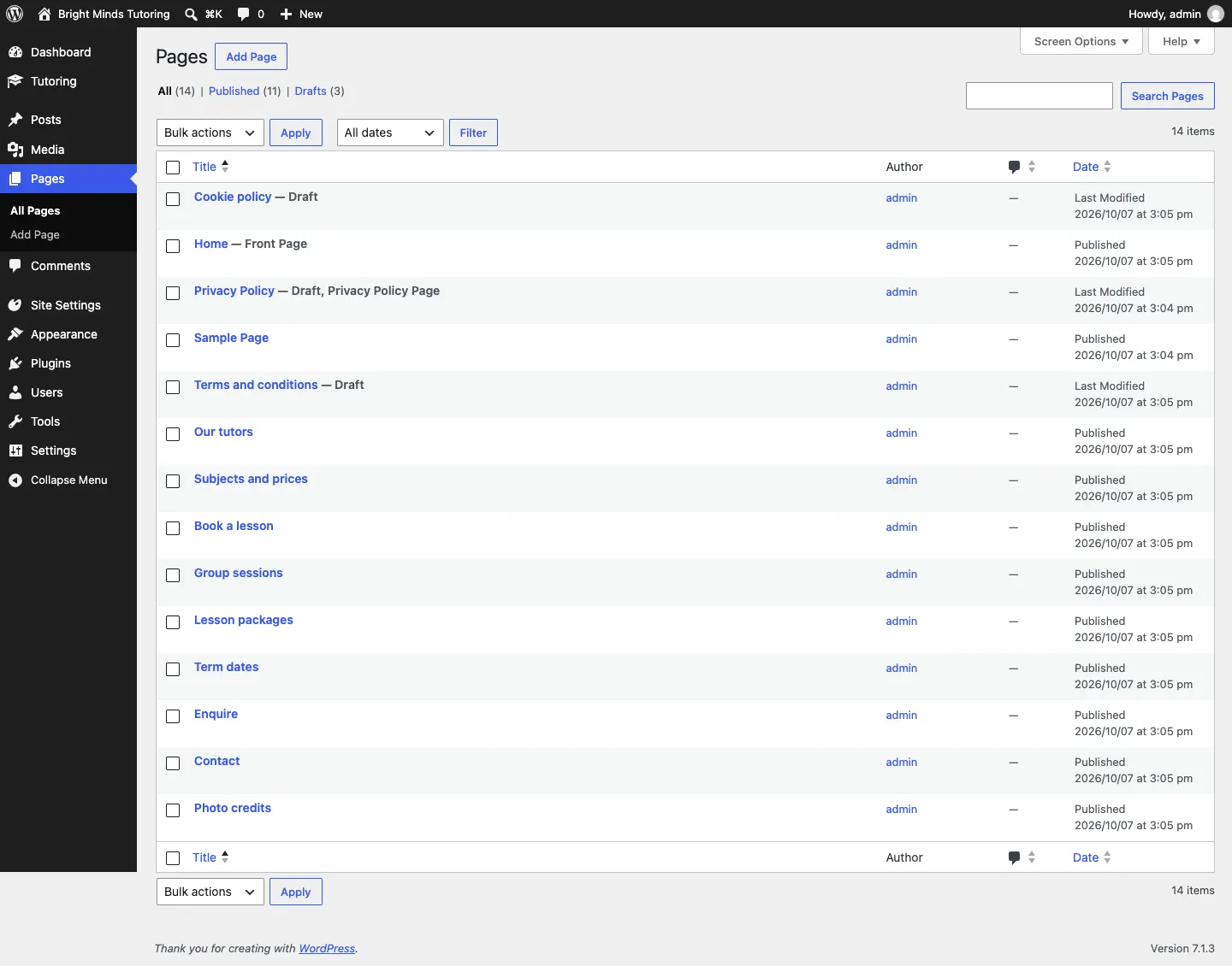 The Pages list after the setup wizard, with Home marked Front Page, the published starter pages, and the legal pages Cookie policy, Privacy Policy and Terms and conditions marked Draft