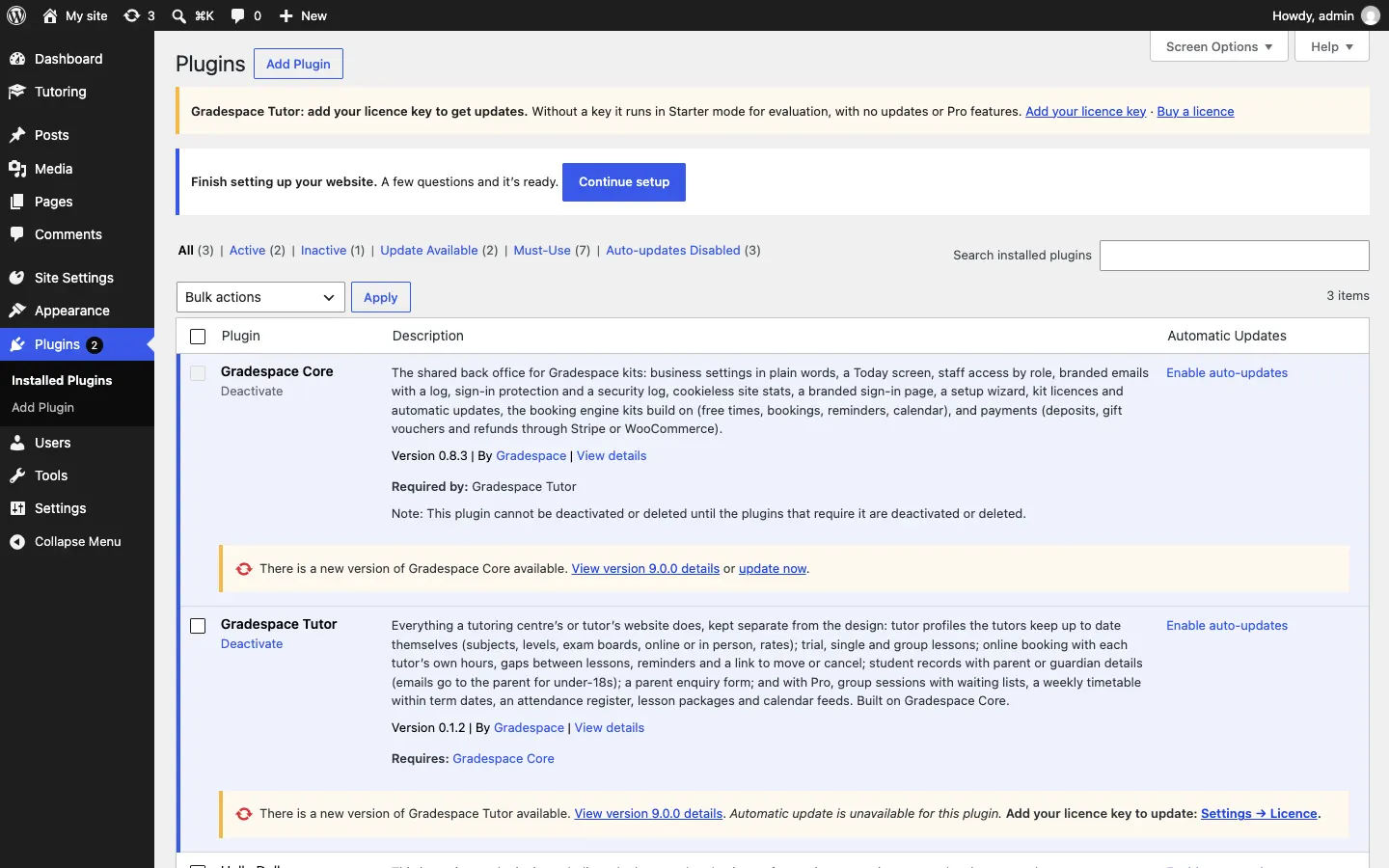 The Plugins screen without a licence key: under Gradespace Tutor, "There is a new version of Gradespace Tutor available. View version details. Automatic update is unavailable for this plugin. Add your licence key to update: Settings → Licence.", while Gradespace Core offers "update now"