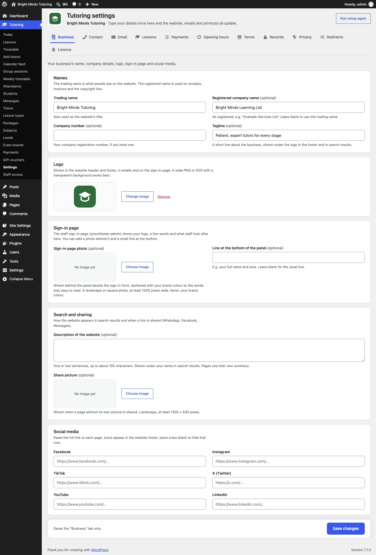 The whole Business tab: the Names card, the Logo card with the logo chosen, then the Sign-in page, Search and sharing and Social media cards, with Save changes at the bottom